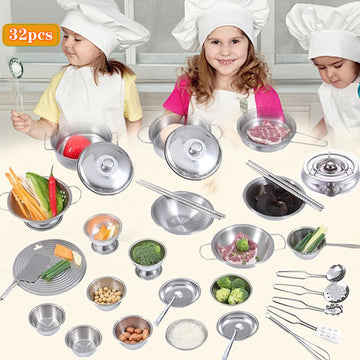 Mini Kitchen Pretend Play Accessories ,Tiny Size Stainless Steel Cookware Set with Portable Storage Box,Cooking Utensils,Play Po