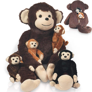 Youthfuljive 5 Pcs Monkey Stuffed Animal Set,Mom And Baby Stuffed Monkeys,A Pregnant Monkey Plush Toy And 4 Small Monkey,Christm
