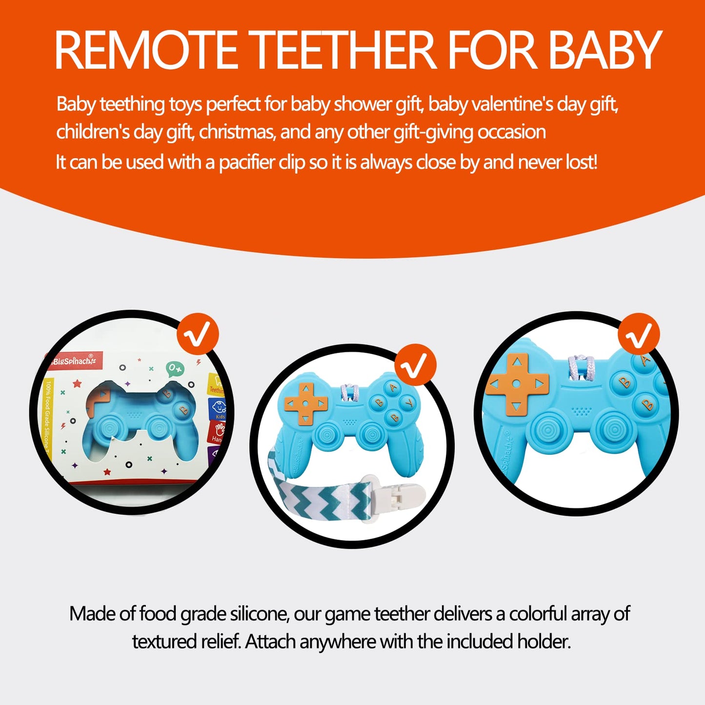 BIGSPINACH Silicone Remote Game Control Teething Toy for Babies 0-12 Months, Blue, Perfect First Valentine's Day Gift