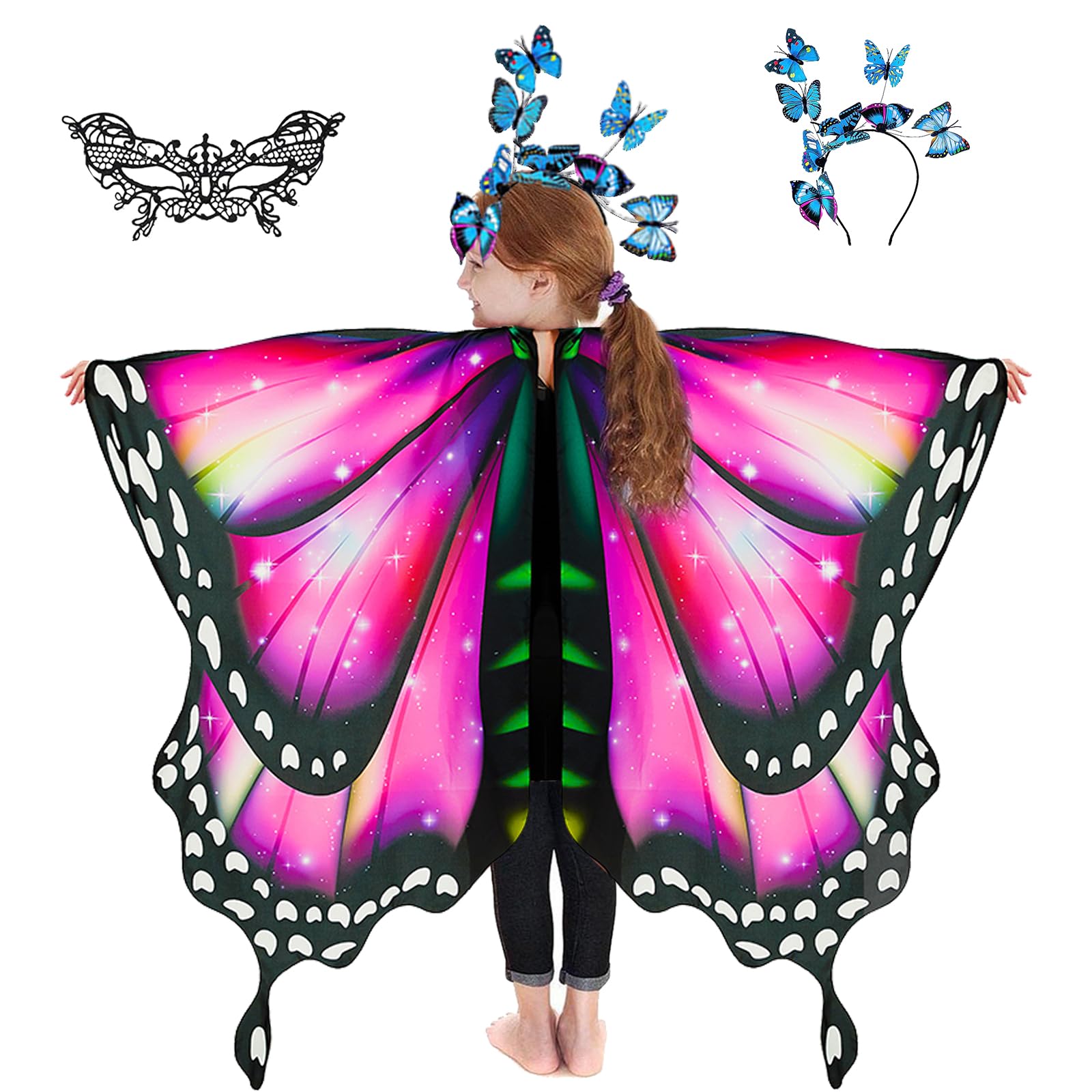 Rektak Butterfly Wings For Girls, Butterfly Costume For Halloween Party Kids Fairy Wing With Mask And Headband(Red)