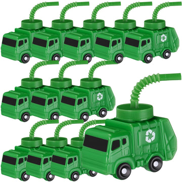 Tanlade 12 Sets Garbage Truck Cups with Straws, Trash Truck Birthday Party Decorations, 10 oz Plastic Garbage Car Shape Cup Reus