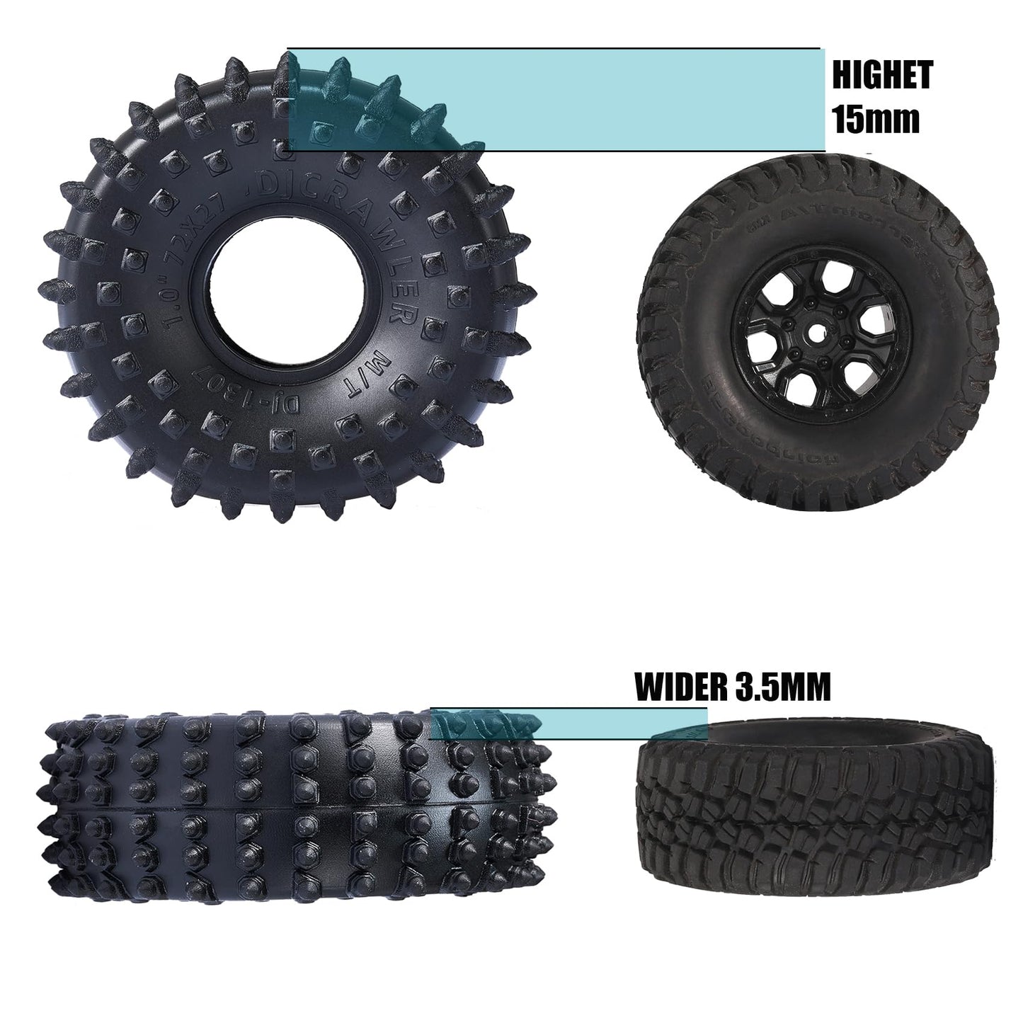 DJCRAWLER Super Soft 1.0 Pin Tires, 72x27mm Sticky Rubber Crawler Tyres for TRX4M, Axial SCX24, Black, Includes Double Layer