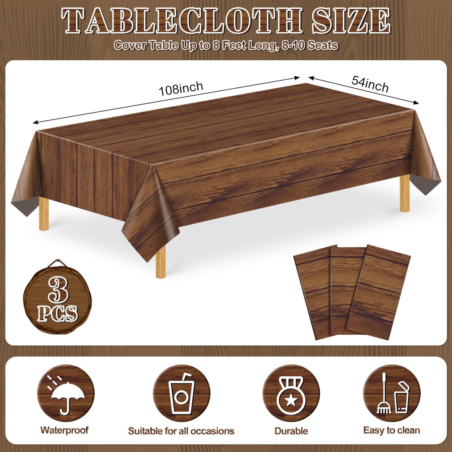 3 Pack Wood Grain Plastic Tablecloth, 54 X 108Inch Rustic Wood Table Covers for Rectangle Table Disposable Vintage Farmhouse Tab