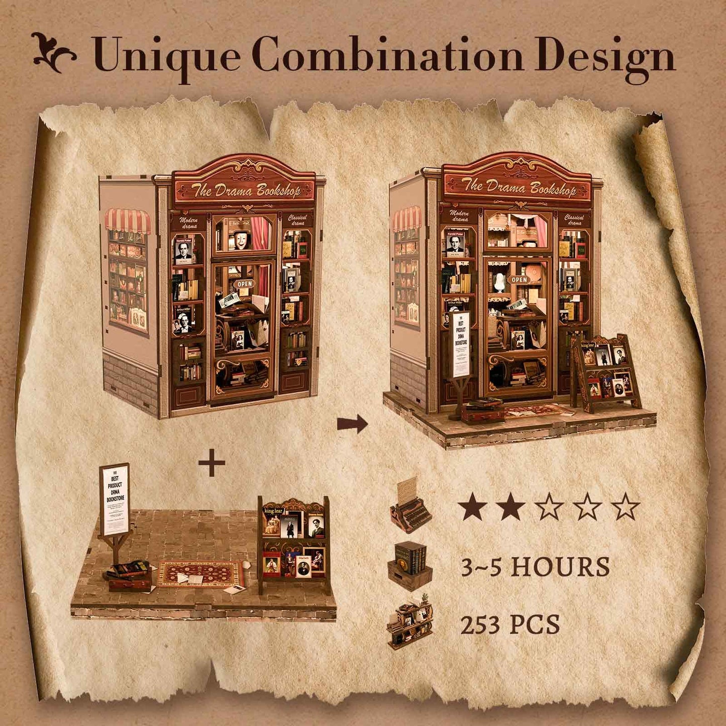 Fsolis Book Nook Kit  DIY Miniature Scene Kit for mature-themeds and Beginners 3D Wood Puzzles Tiny House Room Kit Mini Craft Bookshelf Decor Gifts for Women Teenagers Book Lovers (The Drama Bookshop)