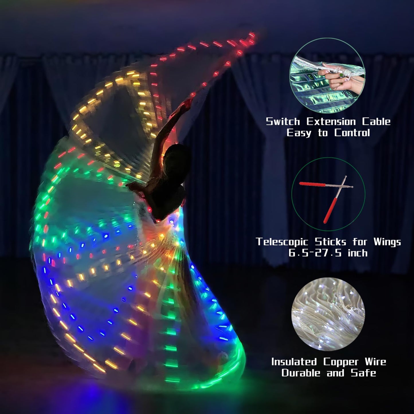 Zfbird Led Wings Halloween Butterfly Wings Light Up Moth Cape (40Inch For Kids, Colorful Lights)