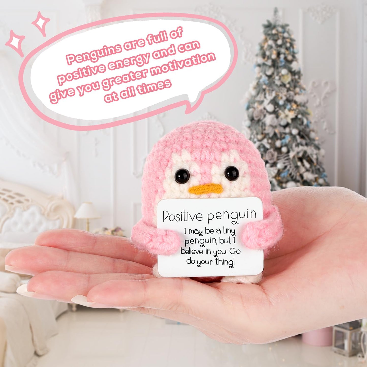 Boxob Positive Penguin Doll, 2.6 Inch Funny Potato Knitted Penguin Toy With Positive Card Woolen Cute Positive Penguin Crochet Plushies Cheer Up Gift For Friends Encouragement Decoration