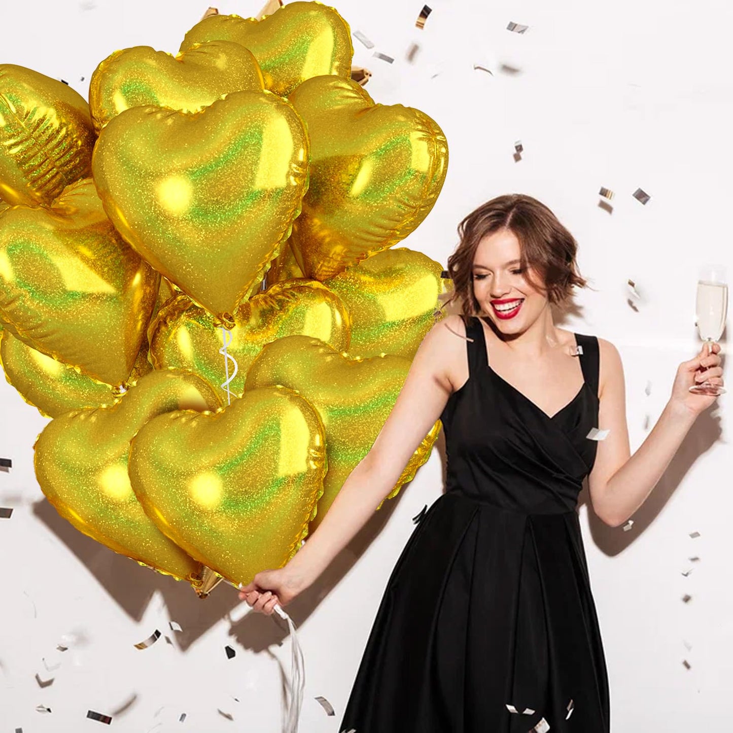 Biapian Gold Heart Balloons, 10Pcs Glitter Gold Heart Shape Balloons Foil, 18Inch Valentines Love Balloons Helium For Valentines