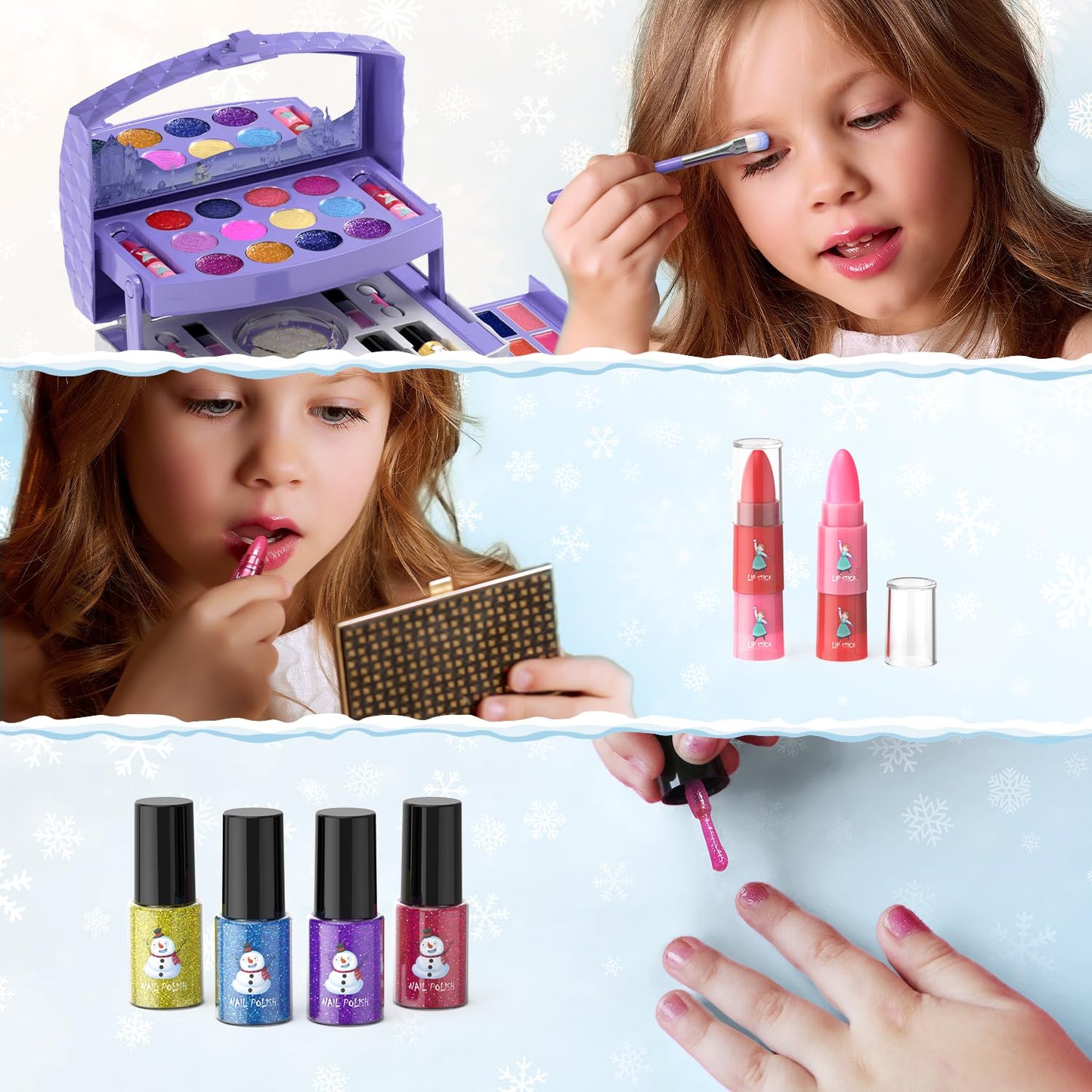 PERRYHOME Kids Makeup Set 56 Pcs Washable Real Cosmetics, Non-Toxic Frozen Toys, Purple, for Girls Ages 3-12