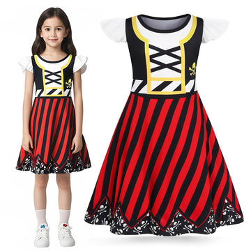 Mizzuco Girls Pirate Dress Toddler Buccaneer Costume Kids Dance Skirt Birthday Party Halloween Role Play Outfits(Red,150Cm/10-11
