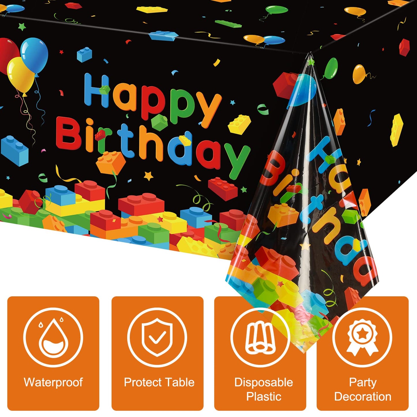 Tiamon 3 Pcs Blocks Tablecloth Plastic Happy Birthday Blocks Table Cover Disposable Colorful Bricks Table Cloth for Boys Girls S