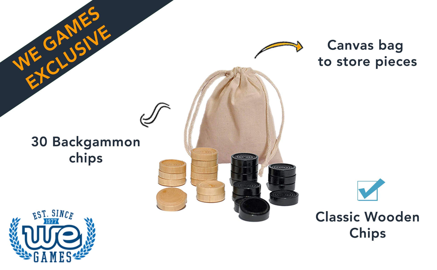 We Games Wood Backgammon Chips With Cloth Pouch - Black & Natural 1.5 In. Diameter