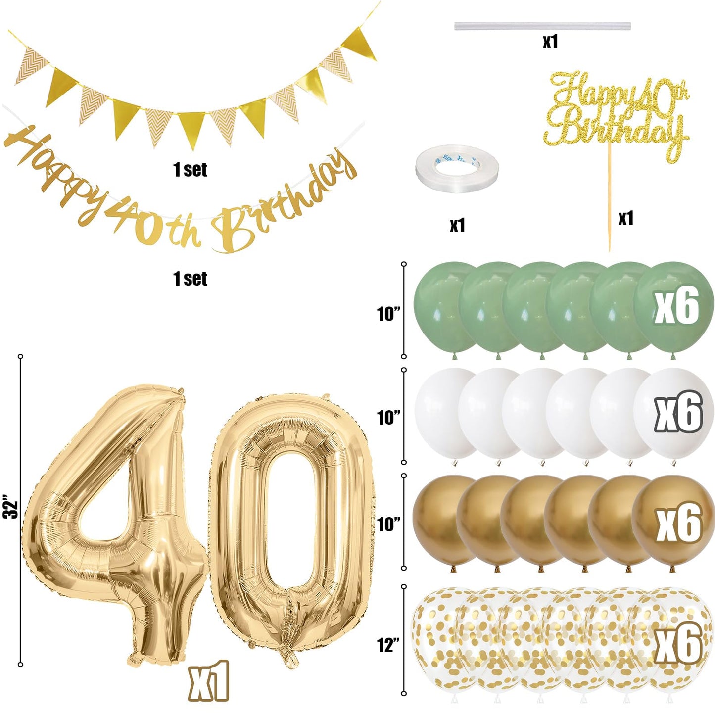 40Th Birthday Decorations For Women Men, Sage Green White Gold Birthday Balloons With Happy 40Th Birthday Banner Birthday Cake T