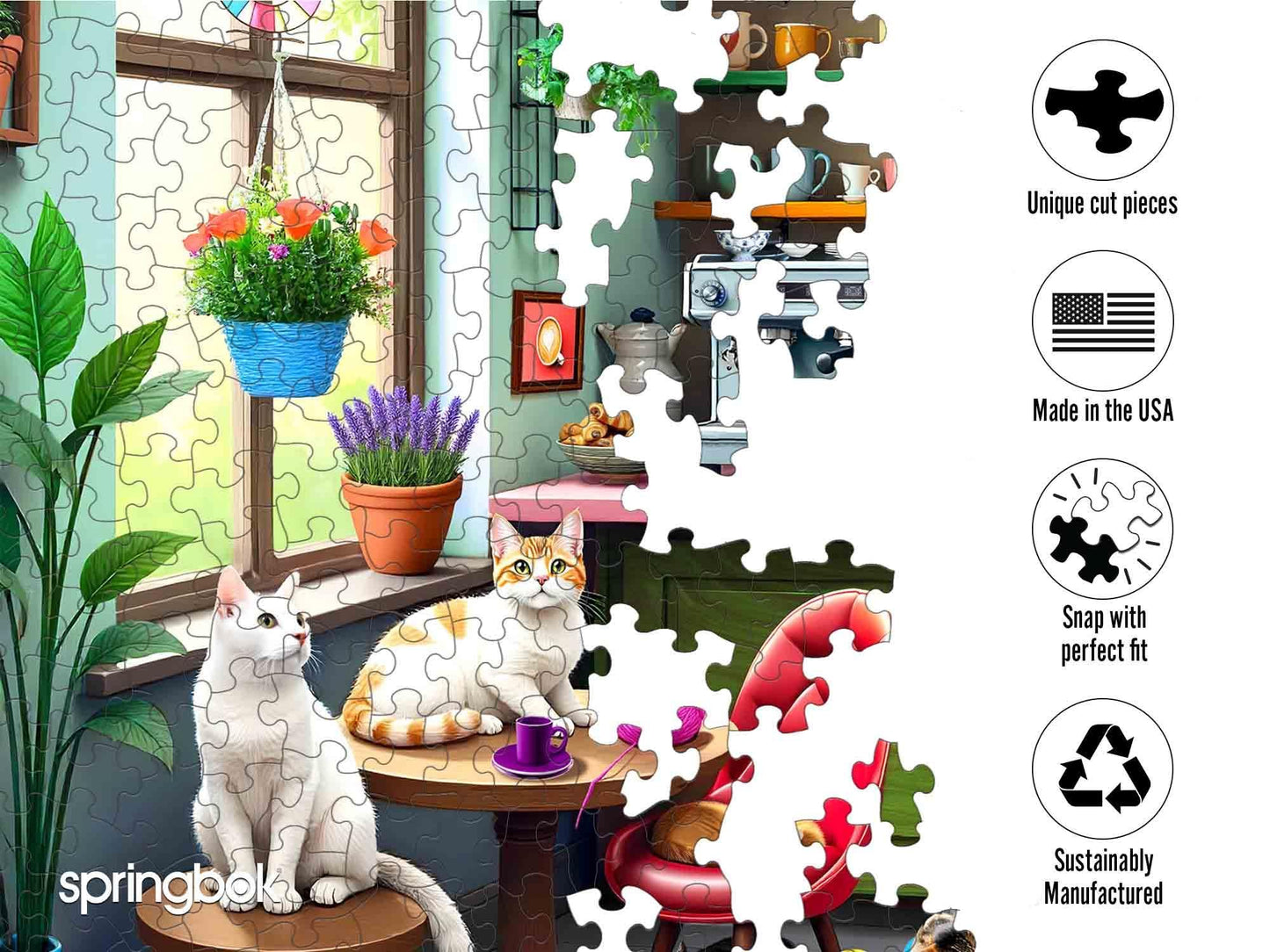 Springbok 500 Piece Jigsaw Puzzle - Kittens in Coffee Shop - Unique Cut - 18x23.5 inches - Cardboard - Cat Café - Model 33-01770