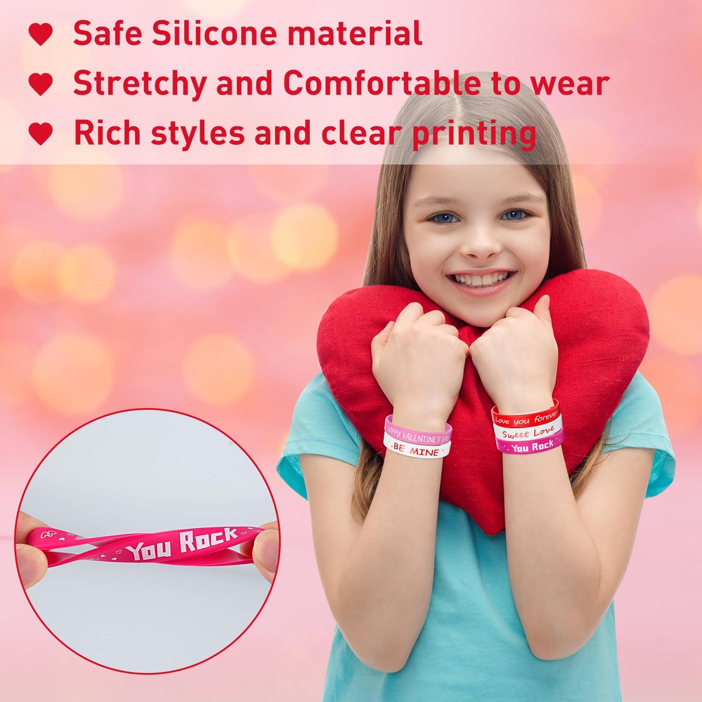 Morcheiong 70 Pcs Valentine's Day Silicone Bracelets Pink Red Party Favors Classic Rubber Wristbands for Kids Adults Valentine's