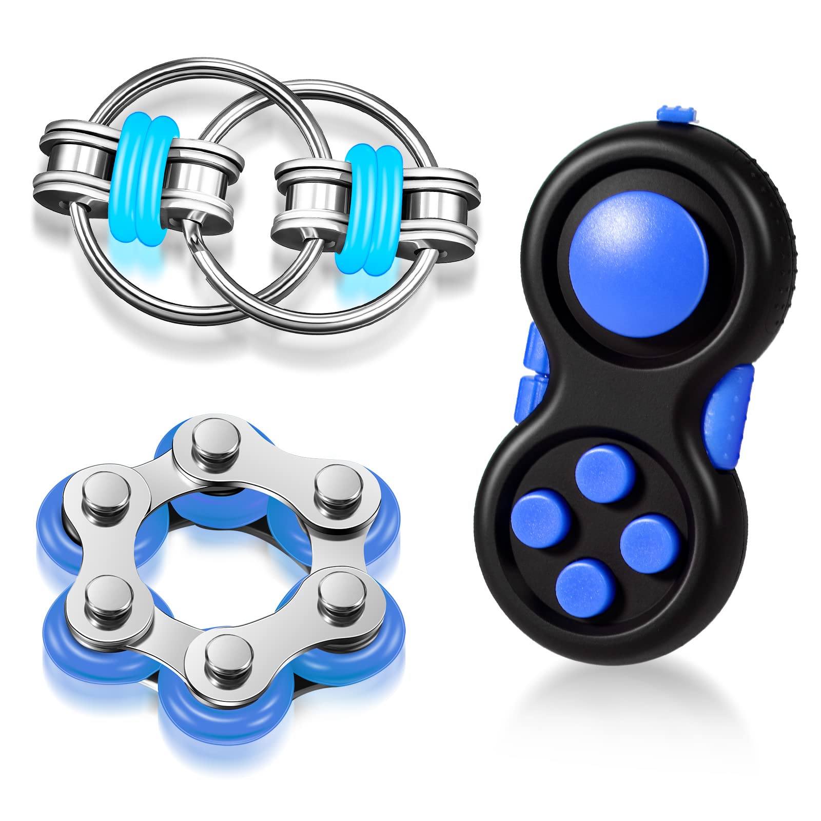 Gejoy 3 Pcs Fidget Toys Adults Set Handheld Fidgets Controller Pad Game Six Roller Chain Key Flippy Chain Autism Sensory For Adhd Add Ocd Autism Anxiety Stress Relief Teen Kids(Black And Blue)