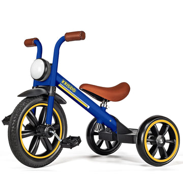 KRIDDO Kids 12 Inch Tricycle With Puncture Free Wheels, Front Light, Adjustable Seat - Gift for 2-5 Year Olds, Blue