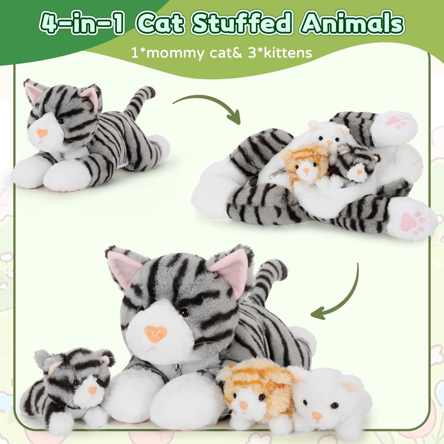 Muiteiur 15.7 Inch Cat Stuffed Animal with Babies  1 Mom & 3 Baby Kittens with Portable Zipper Storage Pouch  Cuddly Stuffed Animal Toys for Kids  Girls  Boys