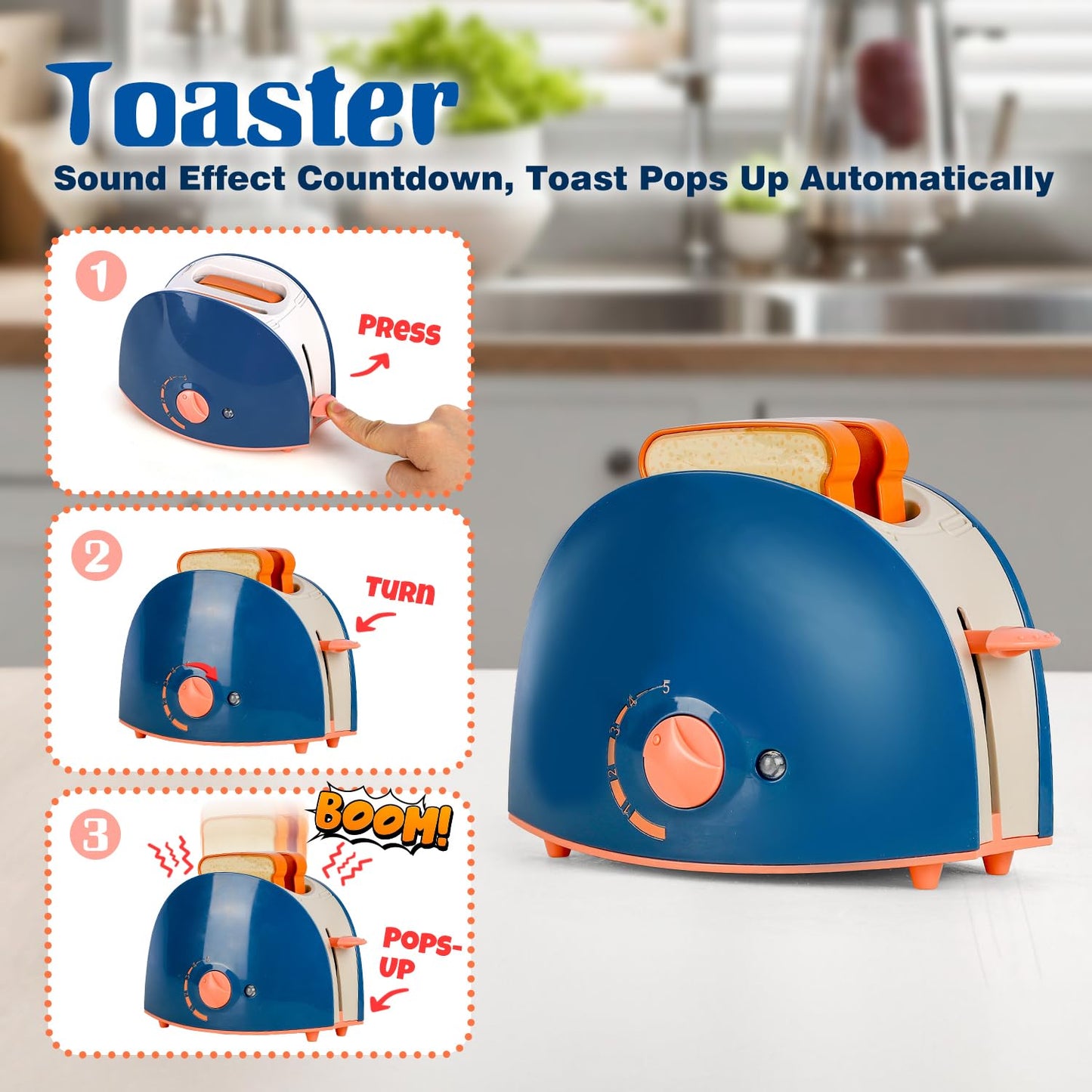 TOY Life Kids Blender Toy, Kids Coffee Maker, Toy Toaster, Toy Kitchen,Play Kitchen Appliances Kids with Light and Sound, Play C