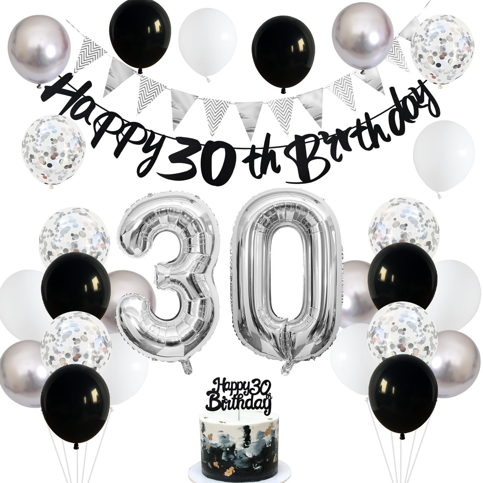 30Th Birthday Decorations For Women Men, Happy 30Th Birthday Banner With Black Silver White 30Th Birthday Balloons Birthday Cake