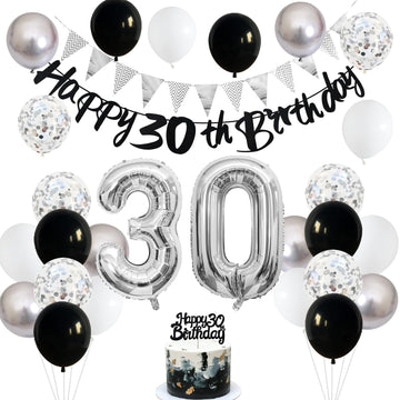 30Th Birthday Decorations For Women Men, Happy 30Th Birthday Banner With Black Silver White 30Th Birthday Balloons Birthday Cake