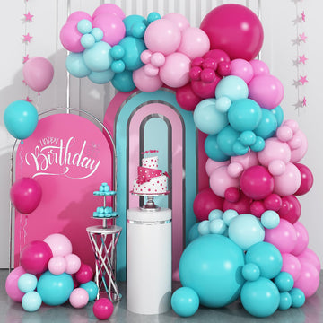 Hot Pink And Teal Blue Balloon Arch Garland Kit, Rose Red Teal Blue Pastel Pink Turquoise Latex Balloon For Birthday Baby Shower