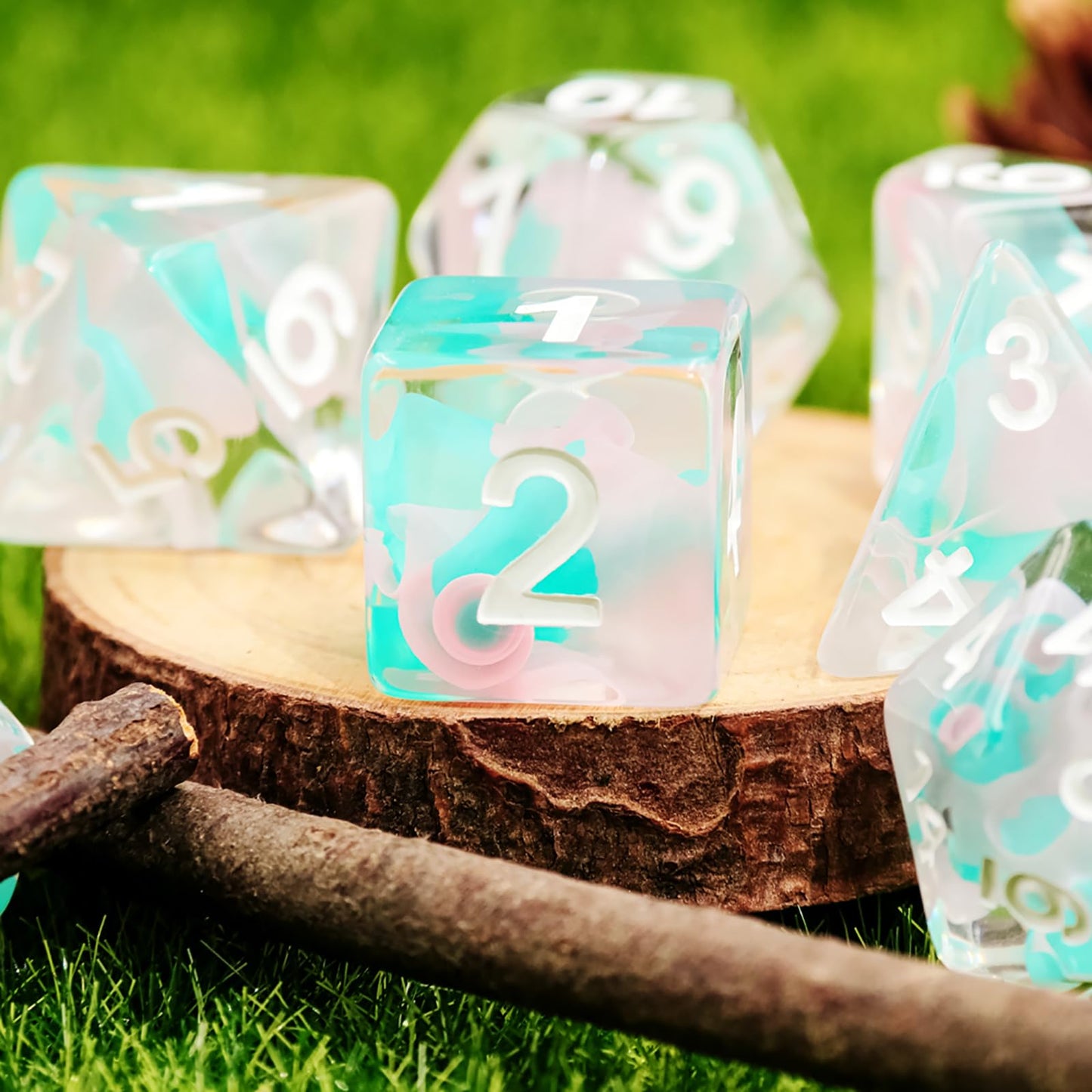 Resin DND Dice Set,Pink Cyan Flower Transparent D&D Dice Filled with Glass Bead Flake Polyhedral Dice for Dungeons and Dragons D