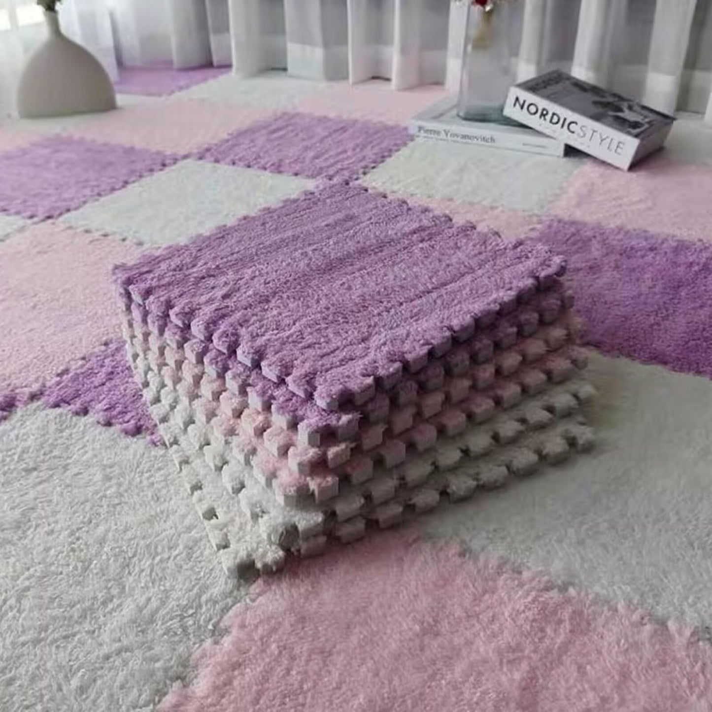 Typutomi 12Pcs Plush Puzzle Foam Floor Mat, Cute Soft Fluffy Interlocking Square Foam Tiles Area Rugs Carpet For Parlor Bedroom 