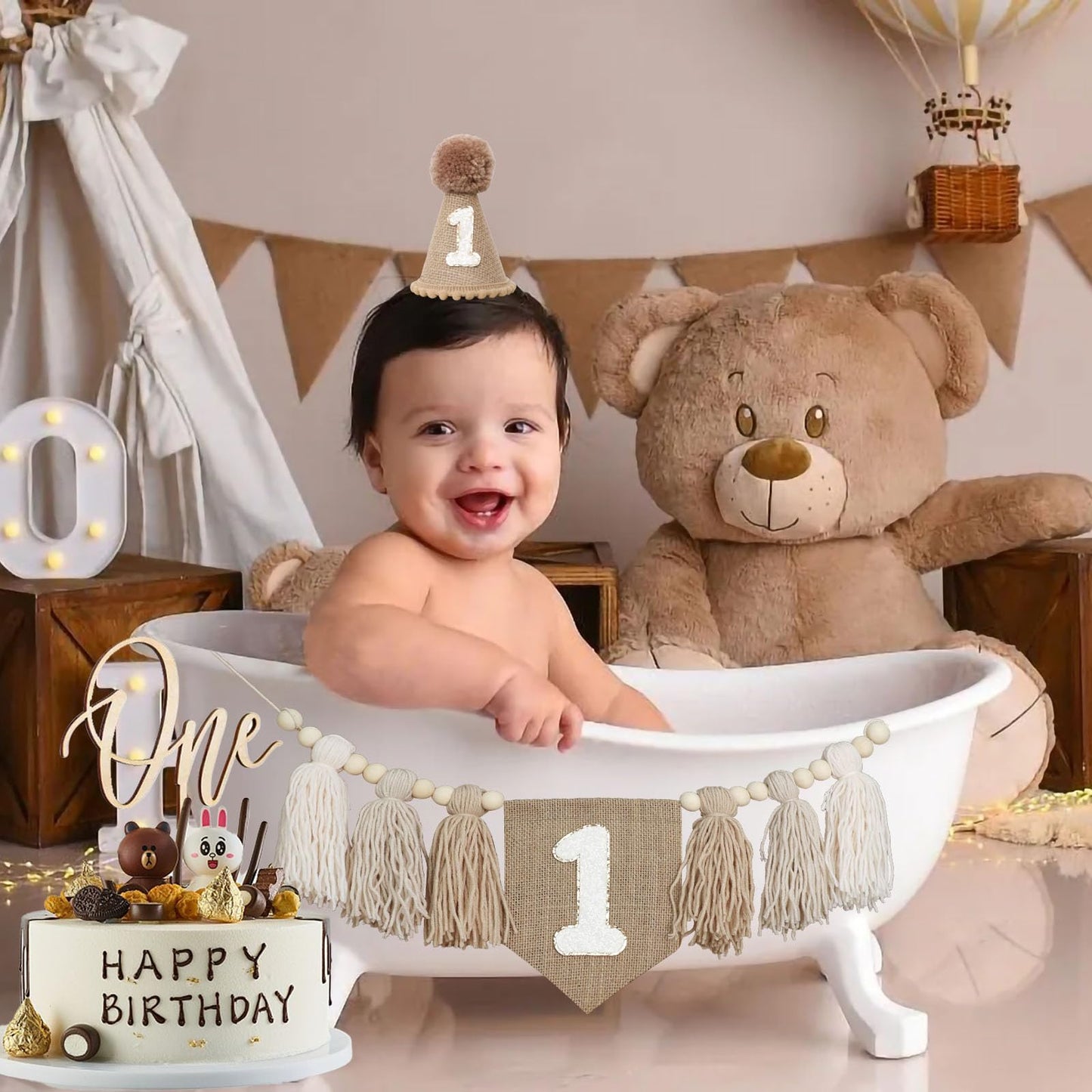 1St Birthday Decorations Boys High Chair Banner With One Cake Topper Brown Conical Hat For First Party