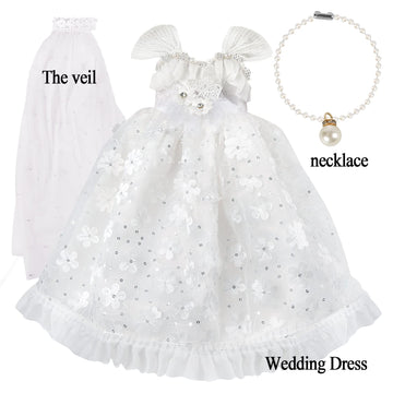 Mlcnles 18 Inch Doll Clothes Doll Wedding Dress Accessories Outfits For 18 Inch Doll Clothes - White Bride Dolls Gown Set With Long Lace Veil And Necklace For Girl Birthday Xmas Gift