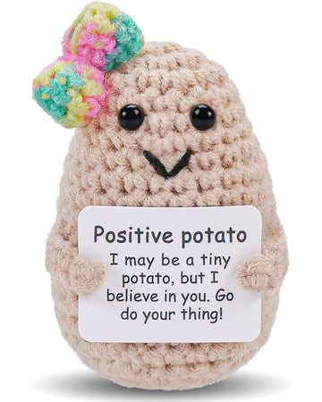 Jelutar Mini Funny Positive Potato, 3 Inch Knitted Doll With Positive Card For Cheer Up Gifts And Party Decorations, Cute Positive Potato Crochet Doll For Birthday Gifts (Potato With Rainbow Bow)