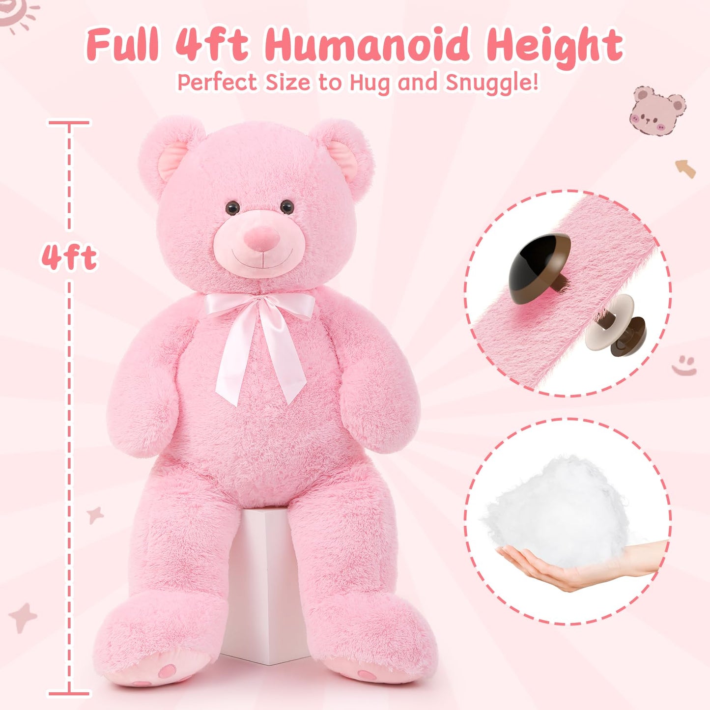 Morismos Giant Teddy Bear Stuffed Animal 4Ft, Big Teddy Bear Plush For Baby Shower, Cuddly Large Stuffed Bear Gifts For Kids, Girls, Girlfriend, Women On Valentine, Christmas, Birthday(Pink)