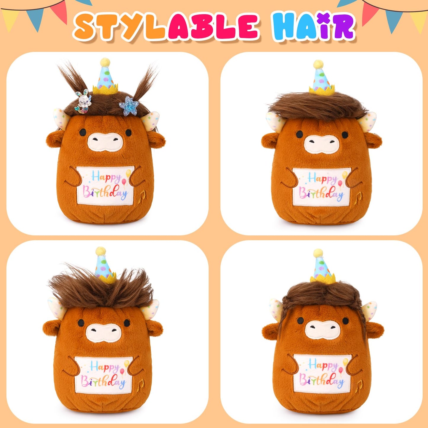 Highland Cow Birthday Stuffed Animal,8inch Long Hair Cow Plush with Happy Brithday Song Led Ligth Hat,Huggable Brown Plush Cow C