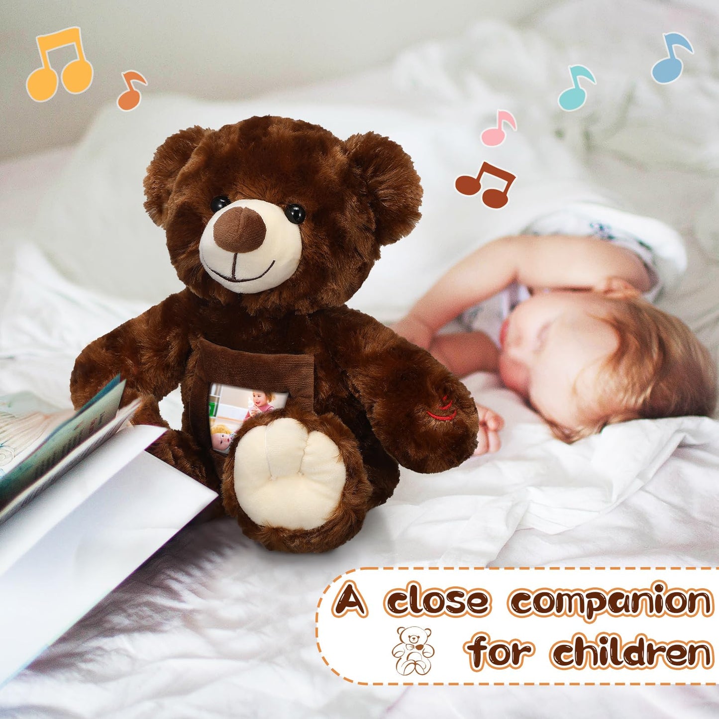 Leyndo Bear With Voice Recording Remembrance Stuffed Animal With Picture Recordable Messages Memorial Toy For Baby Shower Birthday Gift, Recording Gifts(Dark Brown, 18 Inch)