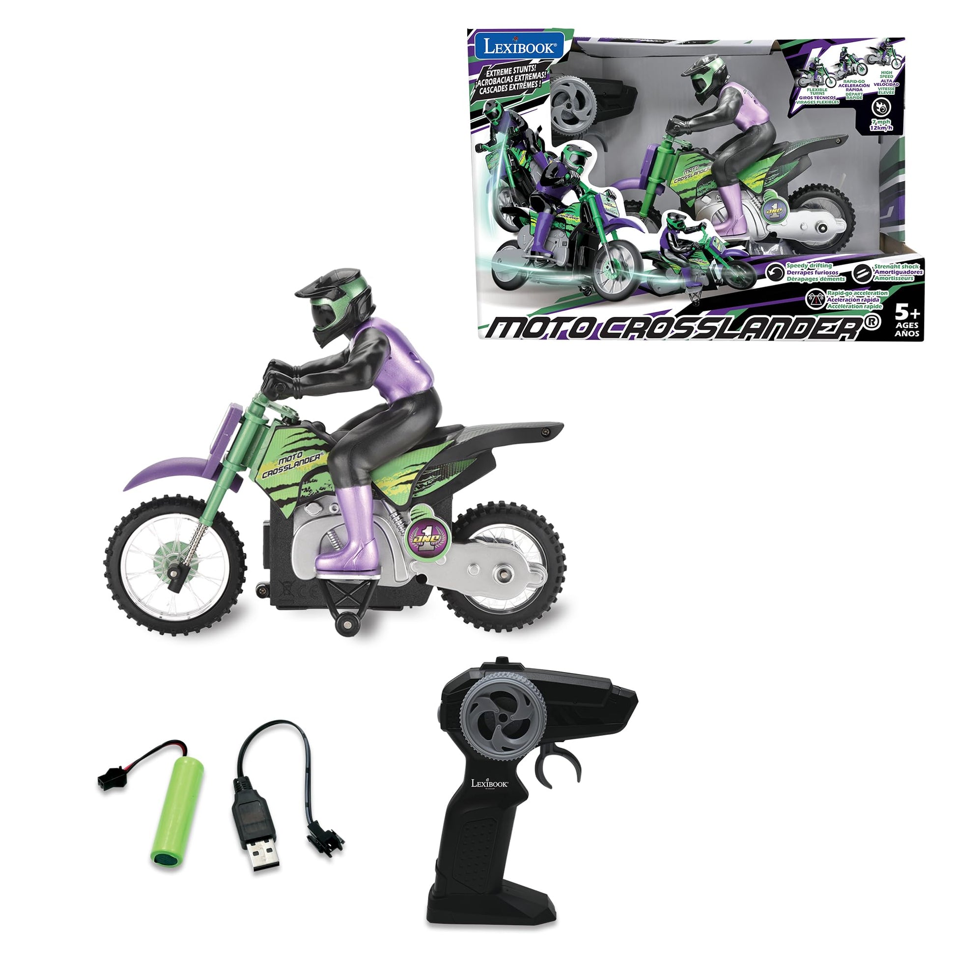 Lexibook Rc18, Crosslander Radio Road Motorcycle, Up To 12Km/H, Perfect Balance, Light Effects, Crazy Skids, Fast Acceleration, Ergonomic Remote Control, Rechargeable