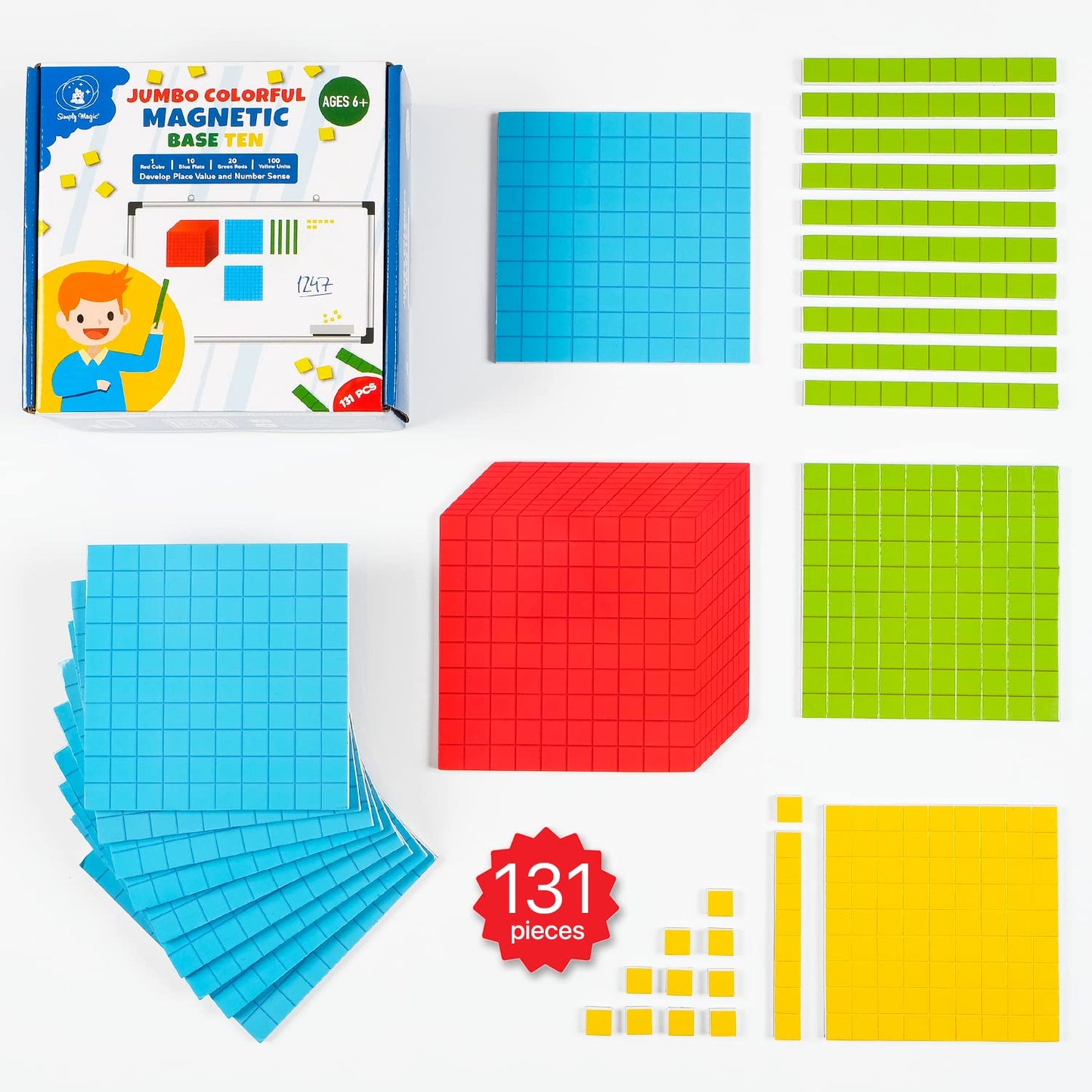 Simply Magic Jumbo Magnetic Base Ten Blocks Set - 131 PCS Math Manipulatives for Counting - Foam, Multi-Color, Model 2023