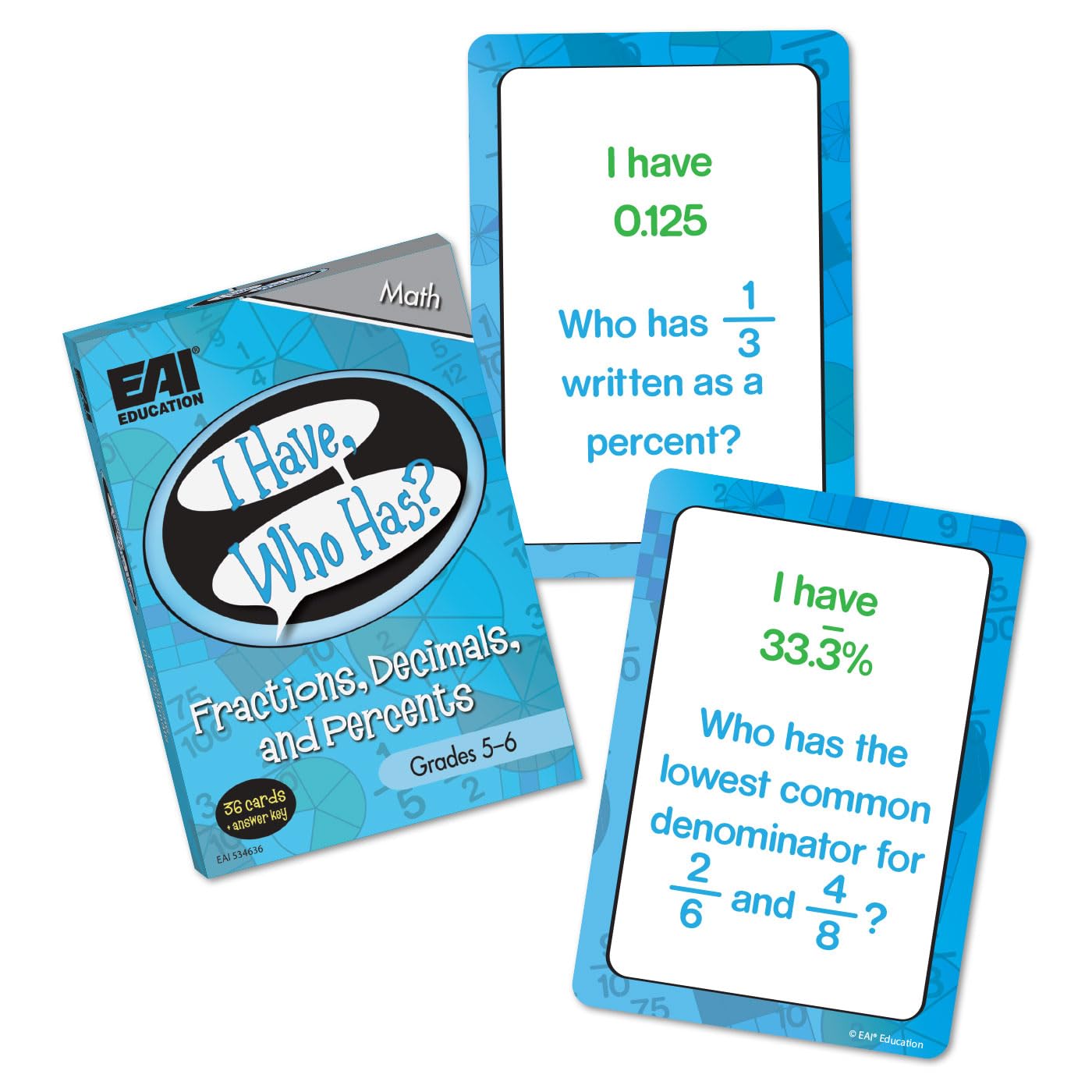 EAI Education I Have, Who Has? Fractions, Decimals, and Percents Game: Grades 5-6