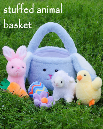 7 Piece Plush Stuffed Animals Playset Toys With Rabbit, Chick, Lamb, Carrot, Egg, Flower, Furry Bag, Soft Basket Set Toys For Gi