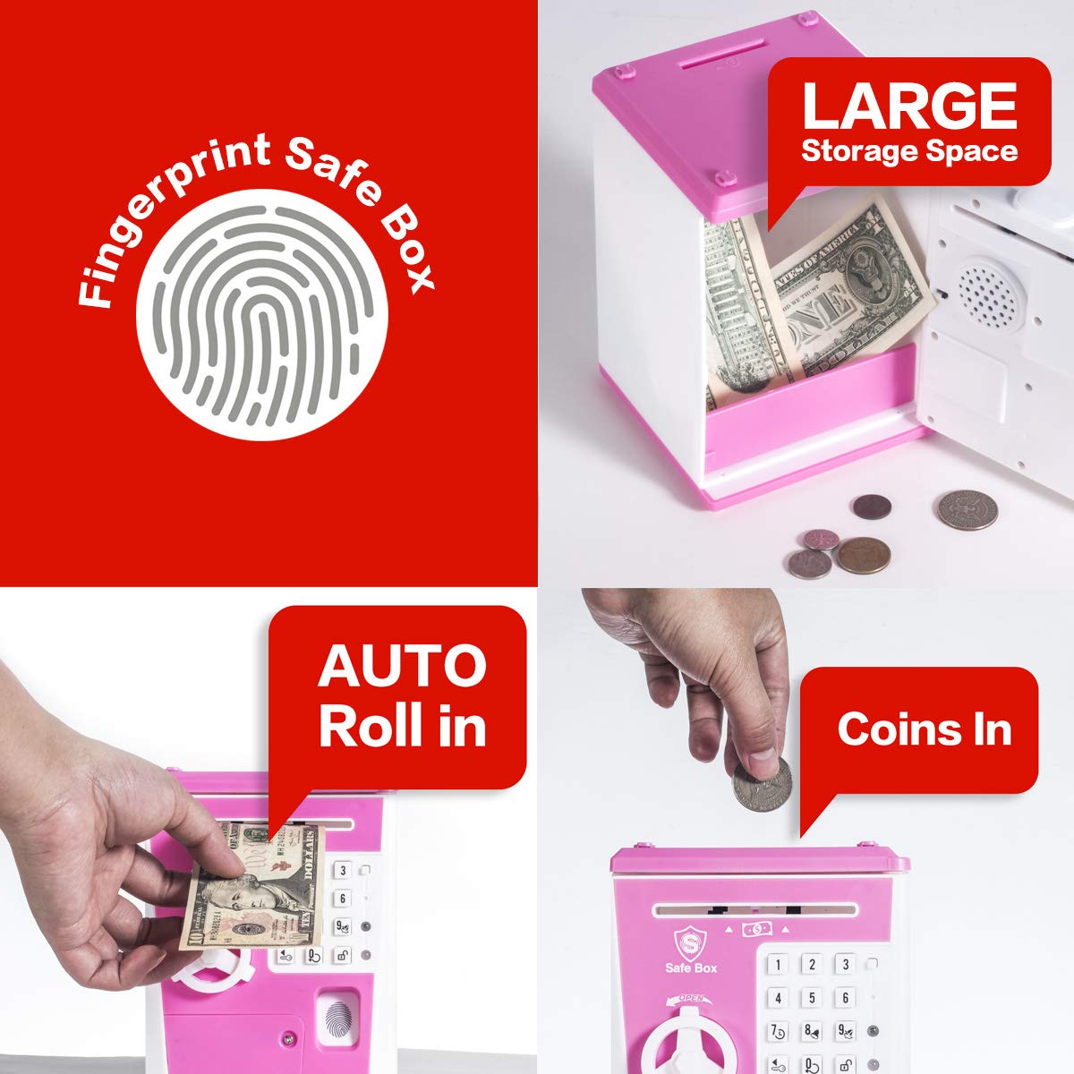 LIKE Toy Piggy Bank Safe Box - Fingerprint ATM Machine for Kids, Pink, Plastic, Model G982