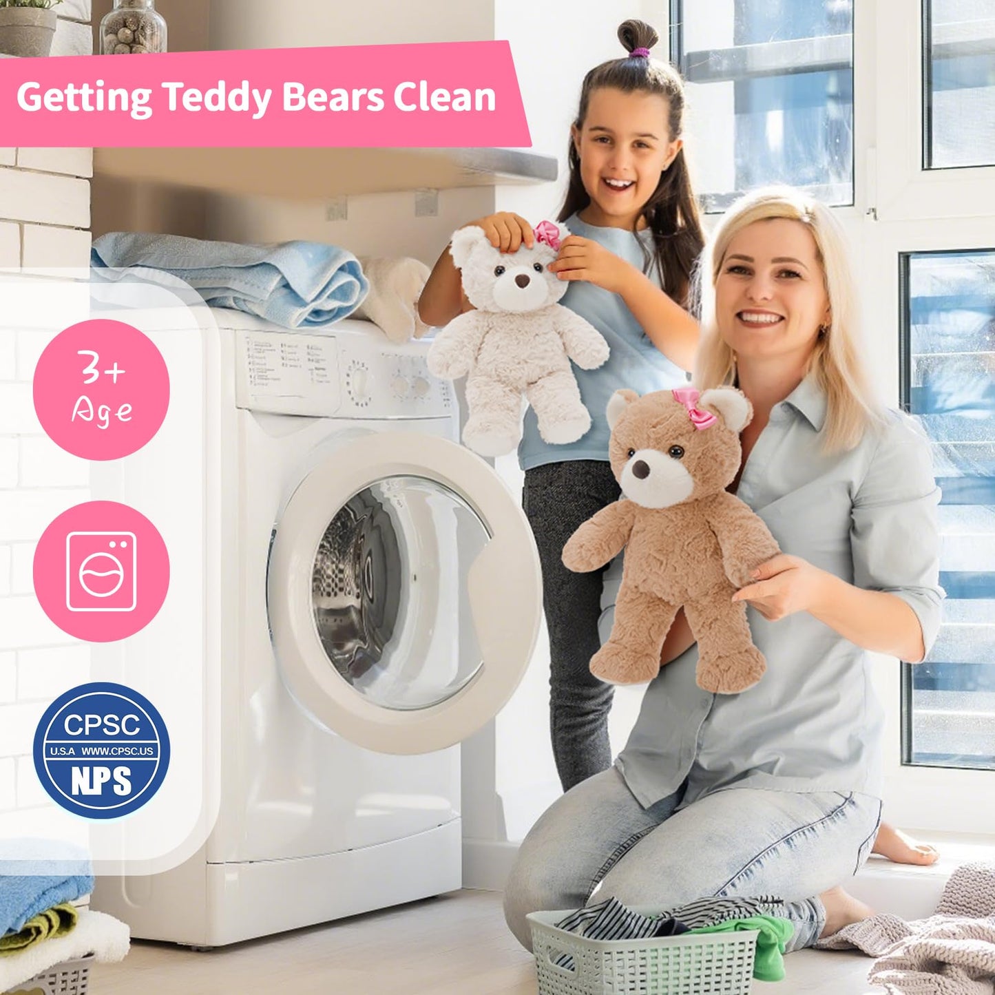 Muiteiur 2 Packs Teddy Bears Bulk, 13.8 Inch Teddy Bear Set with Pink Rose & Bow - No Mouth, Soft Plush Stuffed Animals, for Kid