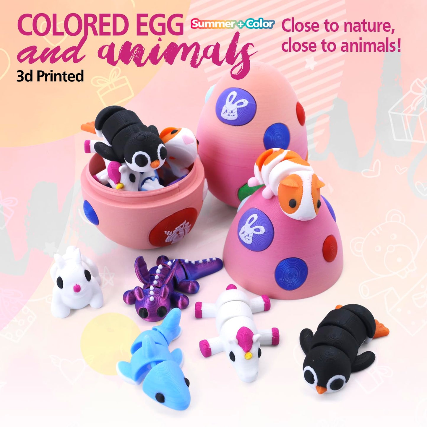 HyBaiS Mystery Mini 3D Printed Articulated Animal Figurines Set with Egg,Little Cute Animals Pocket Pet,3D Animals Toys,3D Print