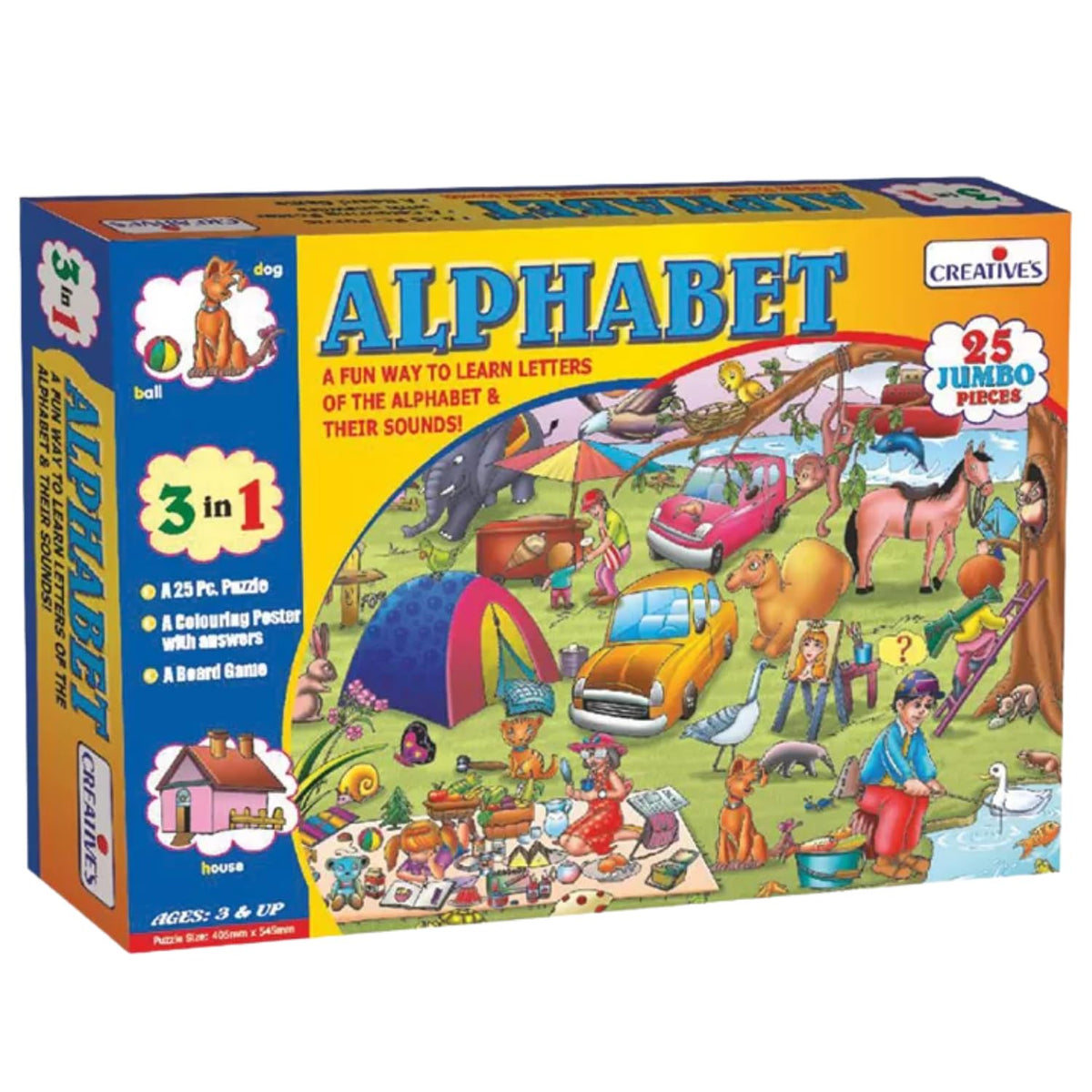 CreativeS Alphabet Jumbo Puzzles 3In1, Learn Letters Sounds Vocabulary, 25 Pieces + Colouring Poster + Board Game, Visual Dis