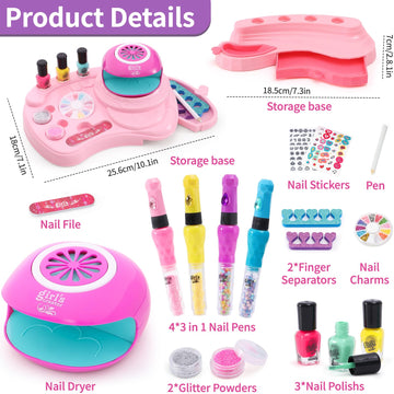 B Bascolor Kids Nail Polish Set for Girls Toy, 4 Nail Draw Pen/Nail Dryer/3 Nail Polish/2 Storage Base/Sticker/Powder Decor, Bir