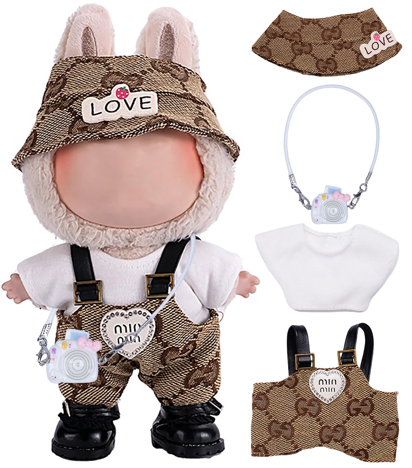 Handcrafted 4 Piece 15cm/17cm Doll Clothes Set for Labubu Dolls (No Doll)  Cute Brown Outfits Overalls Accessories with Top  Hat and Handbag for Boys Girls (No Shoes) AK060BR