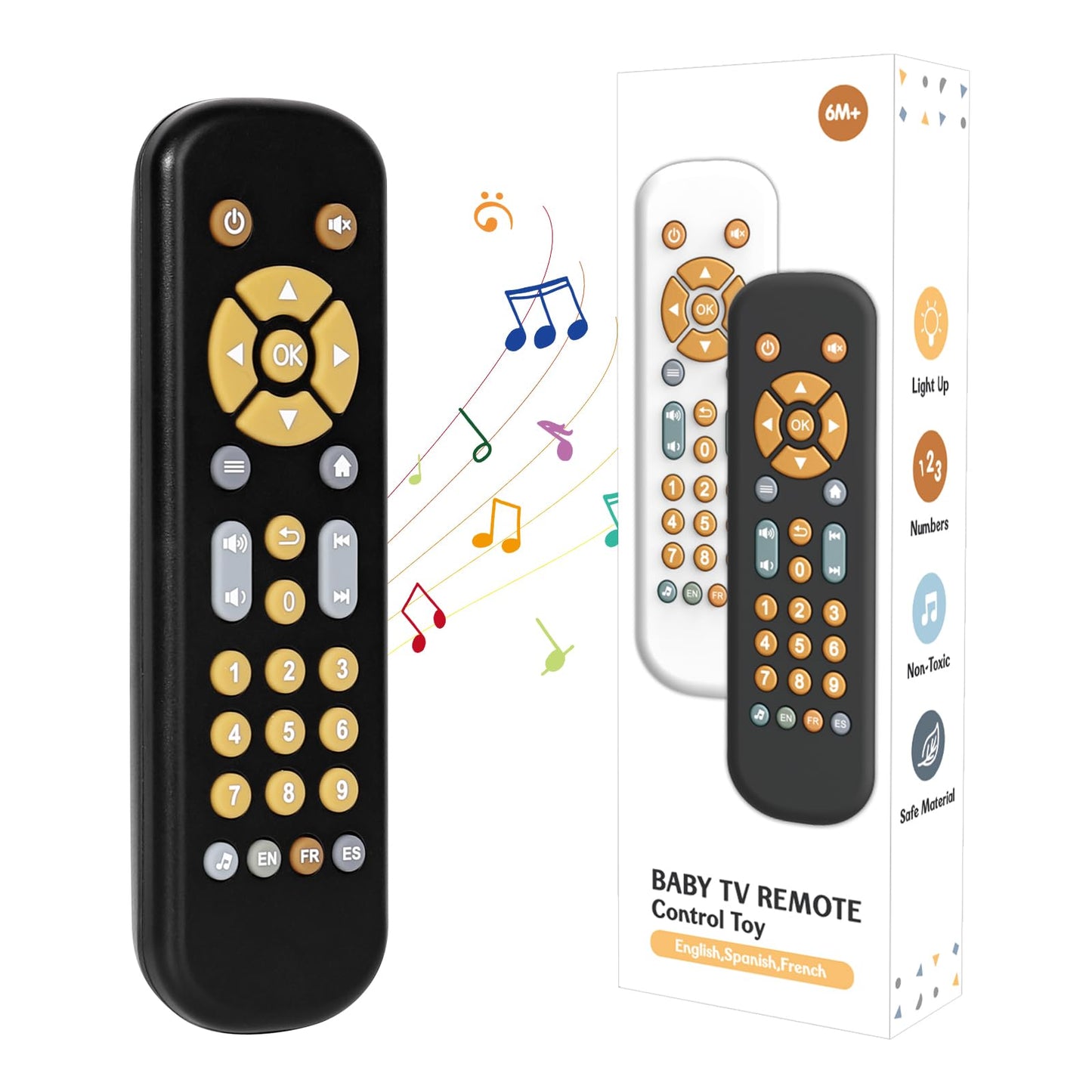 Orzbow Baby Remote Control Toy For 6 Months+ With Music, Tv Remote Toy With Realistic Light And Sound - English, French And Spanish For Infant Play - Bpa Free, Black