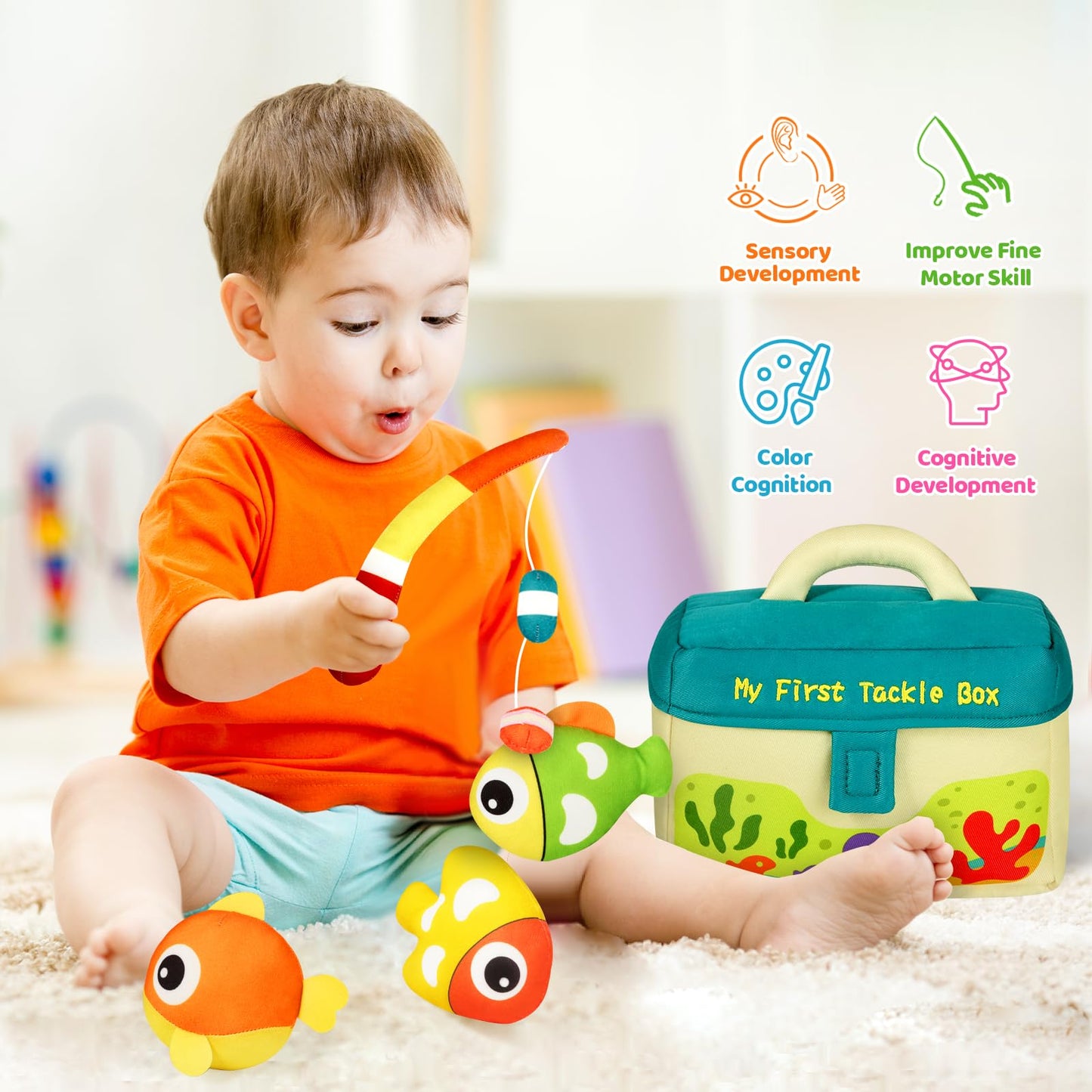Kmuysl Baby Toys 0-6 6-12 Months, My First Tackle Box Plush Toys - 4 Pcs Sensory Playset Soft Toys With Squeaker Crinkle For 0 1 2 3 4 5 6+ Months Newborn Infant, Christmas Birthday For Boys Girls