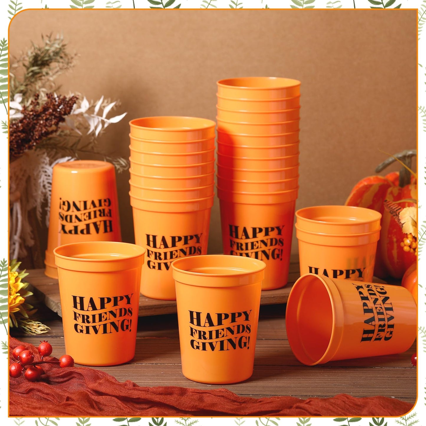 Willinglong 24 Pcs Friendsgiving Cups 16oz Happy Friendsgiving Party Decorations Reusable Plastic Drinking Cups Fun Friends Gath