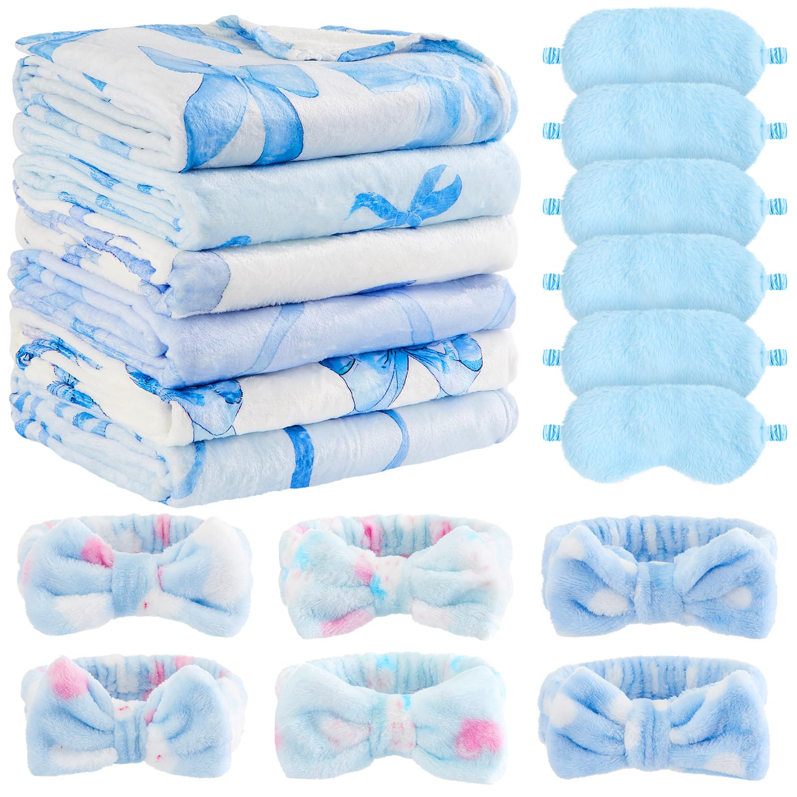Fanfanwin 18 Pcs Sleepover Party Supplies for Girls, 6 Style Cute Blue Bow Blanket 6 Coral Fleece Spa Headband 6 Plush Blue Eye 