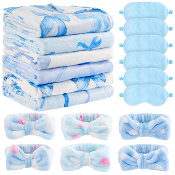 Fanfanwin 18 Pcs Sleepover Party Supplies for Girls, 6 Style Cute Blue Bow Blanket 6 Coral Fleece Spa Headband 6 Plush Blue Eye 