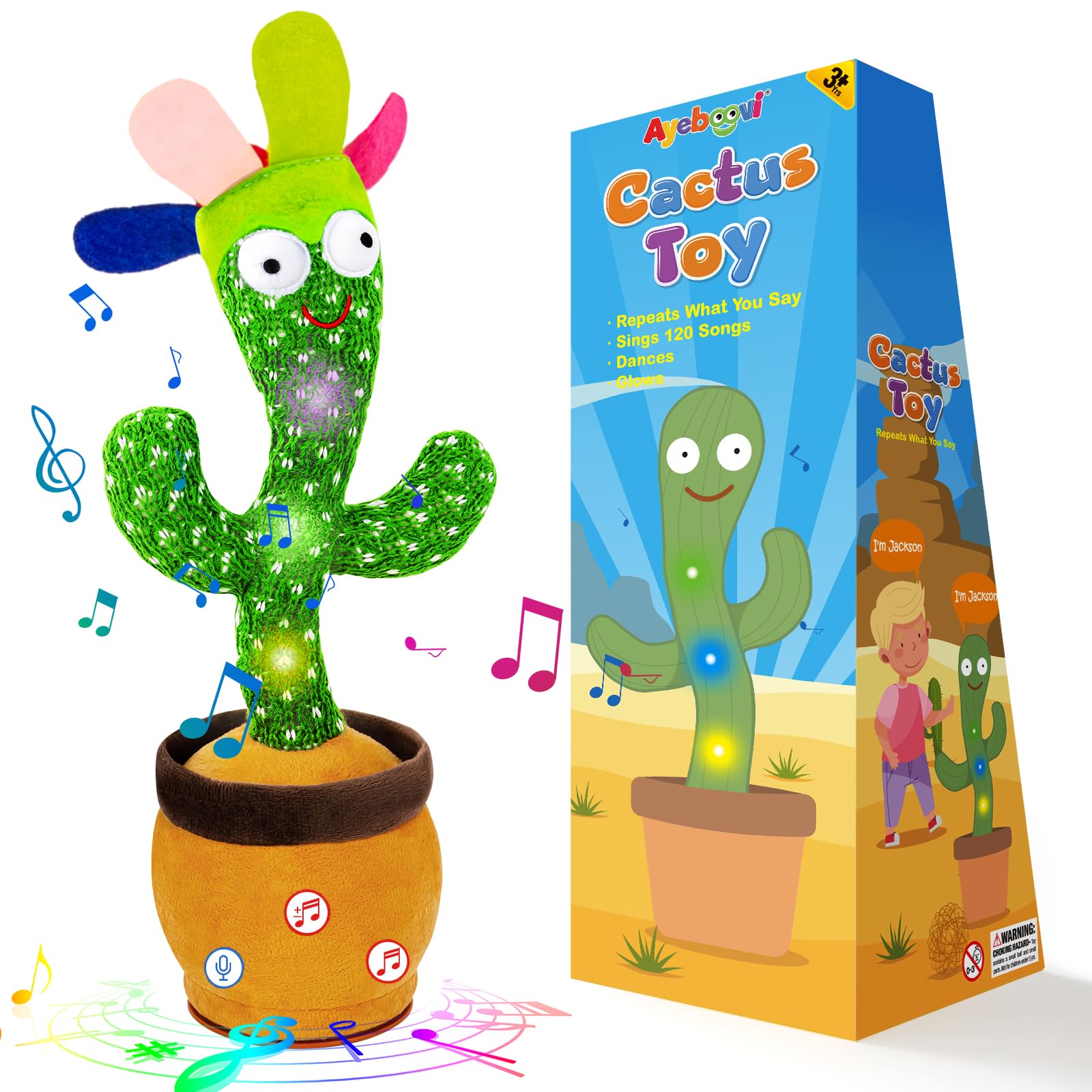Ayeboovi Dancing Talking Cactus Toy for Kids, Adjustable Volume, Singing & Mimicking Cactus with Recording and Repeating Feature