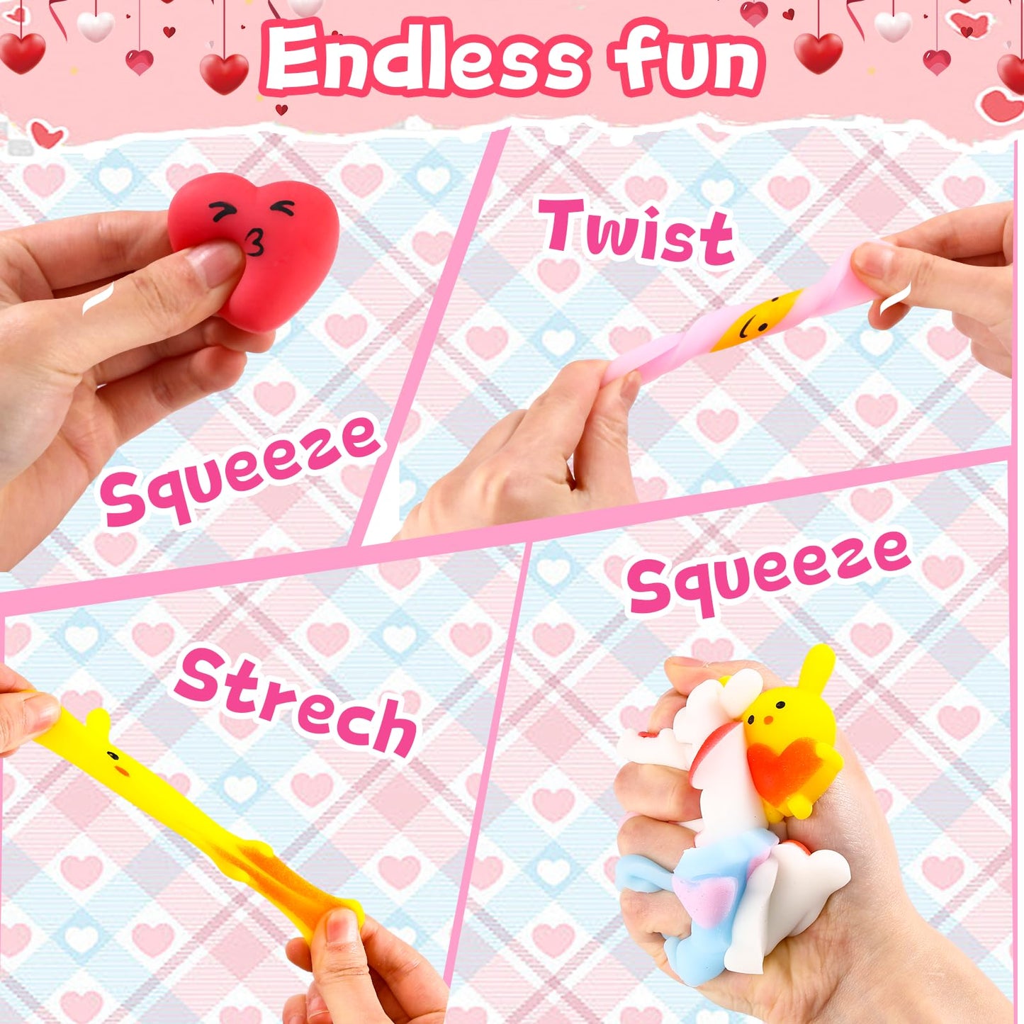 28 Pack Valentines Day Gifts for Kids  Valentine Mochi Squishy Toys Filled Hearts with Valentine Cards for Kids School Classroom Exchange Prizes Valentine Party Favor Toy Exchange Greeting Card